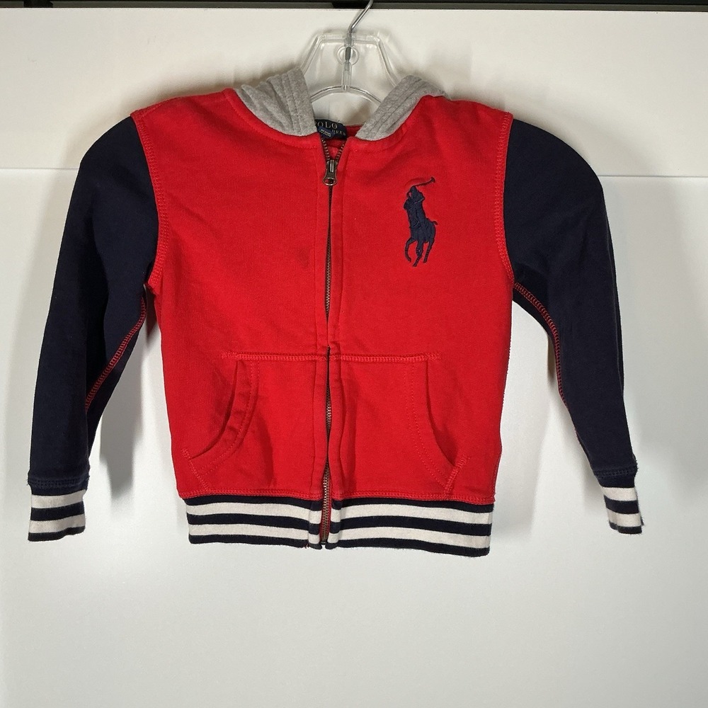 Polo Ralph Lauren 67 Toddler Boys 4 / 4T Red Blue Zip Hoodie Sweatshirt Big Pony